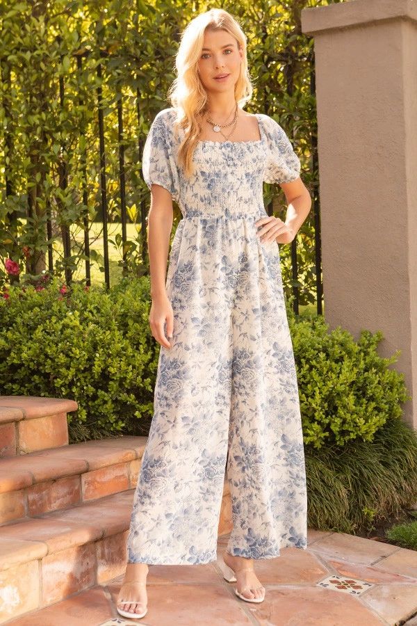 Floral Print Smocked Jumpsuit
